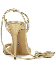 Sam Edelman Safiya Gold Silver Open Toe T-Strap Ankle Lace Up Stiletto Sandals