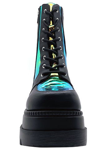 Cape Robbin Radio Holographic Platform Ankle Chunky Block Heels Boots Black