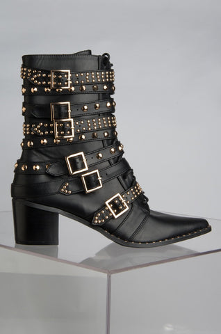 Cape Robbin Rockstar Black Gold Western Pointy Toe Embellished Moto Leather Boot