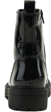 Soda Firm Black Patent Lace Up Round Toe Chunky Combat Ankle Wide Boots