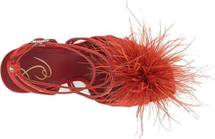 Sam Edelman Layton Red Mahogany Ankle Strap Spool Heeled Feather Detailed Sandals