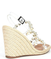 Steve Madden Upright Clear Espadrille Pearl Embellished Strap Wedge Sandals