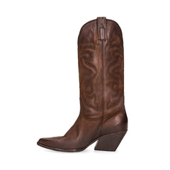 Steve Madden West Brown Leather Midcalf Western Details Block Heel Pull On Boots