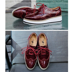 KIJBLAE Brogue Oxford Shoes Platform Chunky Heels Lace-Up Wingtip Loafers Red 42