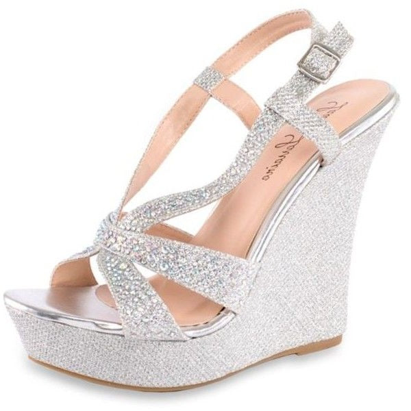 Lauren Lorraine Nika Silver Sparkle Fashion Wedge Platform Ankle Strap Sandals