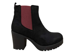 Refresh Club-01 Black Wine Elastic Panel Slip On Chunky Heel Ankle Booties