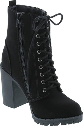SODA Malia Black Nubuck Round Toe Stacked Lug Heel Lace Up Ankle Combat Booties