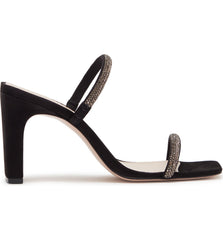 Schutz Salwa Black Suede Rhinestone Open Toe Thin Strap Mid Heel Mule Sandals