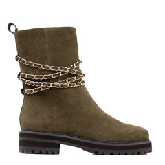 Cecelia New York Misunderstood Olive Fashion Pull On Rouded Toe Gold Chain Boots