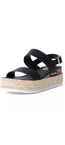 Steve Madden Catia Black Leather Ankle Strap Open Toe Wedges Espadrilles Sandals