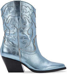 Dolce Vita Landen Electric Blue Leather Pull On Stacked Block Heel Western Boots