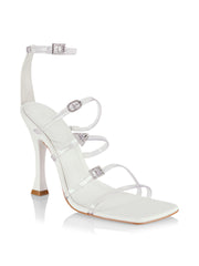 Schutz Noelle White Crystal Detail Ankle Strap Open Toe Flared High Heel Sandals