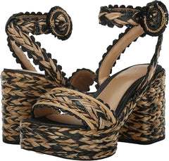 Sam Edelman Iliana Black/Natural Raffia Ankle Strap Open Toe Block Heeled Sandals