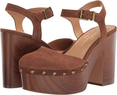 Jessica Simpson Draiye Tan Suede Wood Clog Ankle Strap Block Heel Platform Pumps