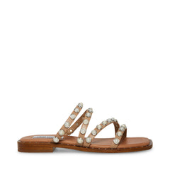 Steve Madden Skyler Tan Leather Embellished Strappy Slip On Squared Toe Sandals