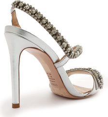 Schutz Court Prata Metallic Crystal Studs Pull On Open Toe Stiletto Heel Sandals
