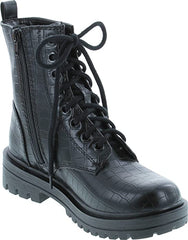 Soda Firm Black Croco Lace Up Round Toe Chunky Platform Combat Ankle Wide Boots
