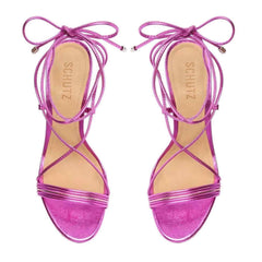 Schutz Arceli Bright Violet Metallic Lace Up Open Toe Flared Heel Tie Up Sandals