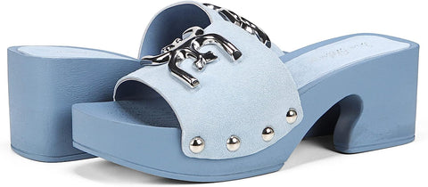 Sam Edelman Francina Pale Blue Platform Slip On Slide Block Heeled Mule Sandals