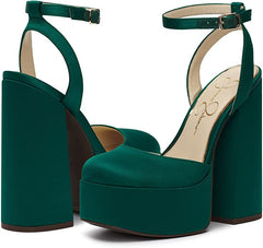 Jessica Simpson Skilla Gem Green Satin Platform Pump Buckle Strap Heeled Sandals