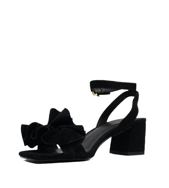 Cecelia New York Heather Black Suede Open Toe Ankle Strap Block Heel Sandals