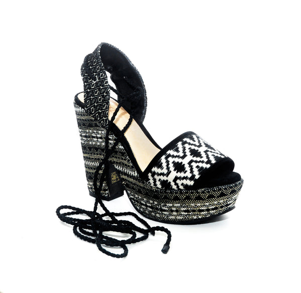 Schutz Markie Black Fabric Wrapped Block Heel Platform Open Toe Tie-Up Sandals