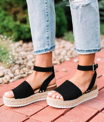 Soda Topic Open Toe Buckle Ankle Strap Espadrilles Flatform Wedge Casual Sandal (10, Black)