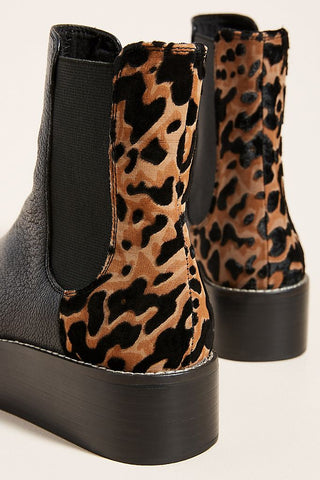 Kelsi Dagger Forest Black Leather Leopard Back Wedge Platform Flatform Booties
