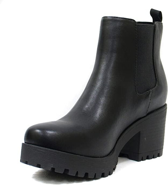 Soda Jaber Black Pu Lug Sole Elastic Gore Rounded Toe Chunky Heel Ankle Boots