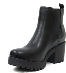 Soda Jaber Black Pu Lug Sole Elastic Gore Rounded Toe Chunky Heel Ankle Boots