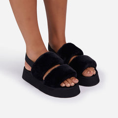 Luxemoda Tata Fluffy Stripe Platform Slip On Open Toe Faux Fur Slippers