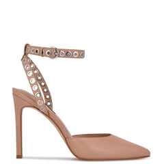 Nine West Timia Barely Nude Leather Ankle Strap Pointed Toe Stiletto Dress Pumps