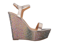 Lauren Lorraine Pari Gold Multi Pu Platform Wedge Ankle Strap Rhinestone Sandals