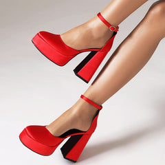 Women's Platform Chunky Heels Closed Toe Block Heel Pumps Square Toe Ankle Strap Pump Shoes