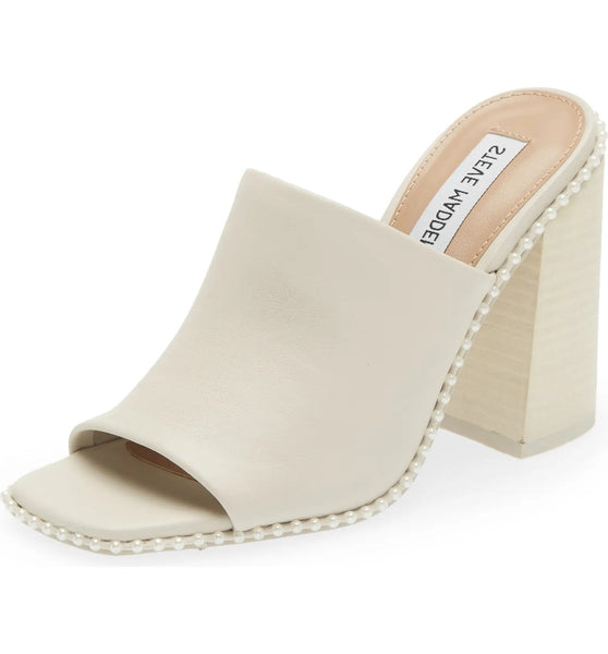 Steve Madden Decoded Bone White Pearl Open Toe Block Heeled Mule Slip On Sandal