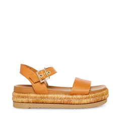 Steve Madden Malden Cognac Leather Fashion Ankle Strap Platform Wedge Sandals