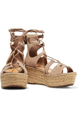 Schutz Hudson Neutral Lace-Up Suede Wedge Sandals Taupe Suede Flatform Platform