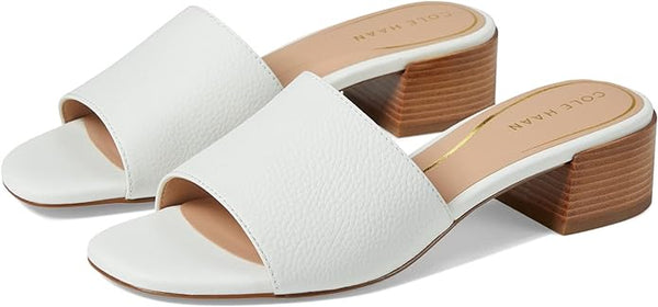 Cole Haan Calli Egret Leather Squared Open Toe Block Heel Slip On Heeled Sandals