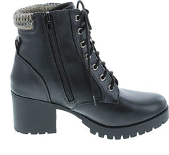 Soda Single Black Pu Lug Sole Chunky Heel Lace Up Platform Combat Wide Boots
