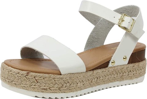 Soda Clip White Open Toe Faux Leather Buckle Ankle Strap Wedges Heeled Sandals
