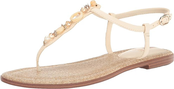 Sam Edelman Gigi Modern Ivory Ankle Strap Open Toe Embellished Thong Flat Sandal