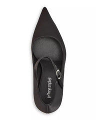 Jeffrey Campbell Siouxsie Black Satin Ankle Strap Pointed Toe Spool Heel Pumps