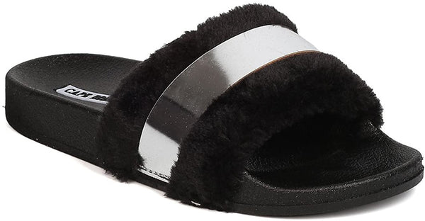 Cape Robbin Furry Open Toe Footbed Silver Metallic Band Pool Slide Sandals