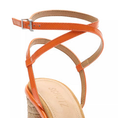 Schutz Narah Orange Open Toe Cross Buckle Ankle Strap Block High Heeled Sandals
