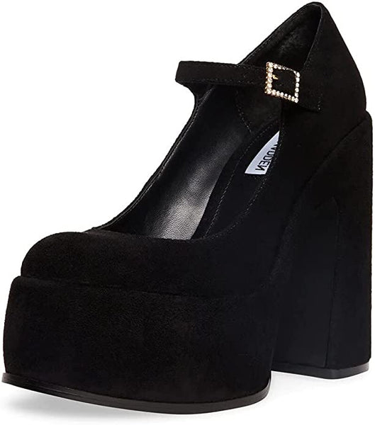 Steve Madden Elyssa Black Block Heel Retro Mary Jane Velvet Platform Pumps