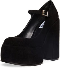 Steve Madden Elyssa Black Block Heel Retro Mary Jane Velvet Platform Pumps
