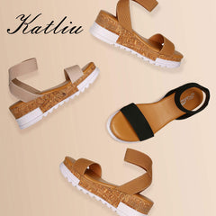 katliu Women's Wedge Platform Sandals Elastic Ankle Strap Platform Sandal