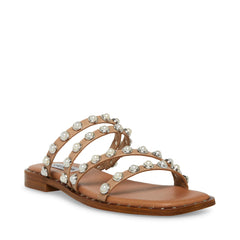 Steve Madden Skyler Tan Leather Embellished Strappy Slip On Squared Toe Sandals