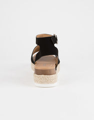 Soda Topic Open Toe Buckle Ankle Strap Espadrilles Flatform Wedge Casual Sandal (10, Black)