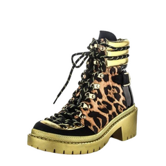 Cape Robbin Summit Leopard Gold Combat Bootie Lug Sole Lace Up Platform Ankle Boot